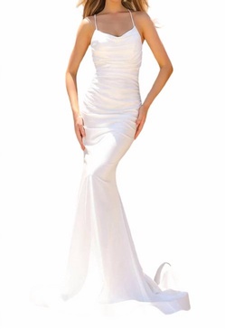 cowl-neck long formal prom dress with train in white