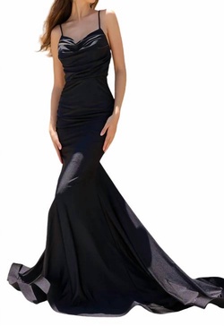 cowl-neck long formal prom dress with train in black