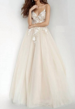 plunging neckline flower appliques prom gown in champagne