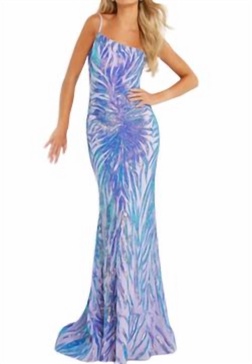 one shoulder long gown in multi/irridescent