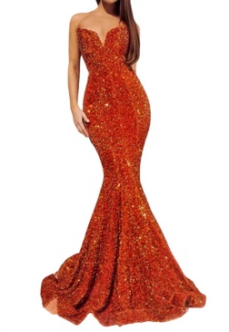 strapless long prom dress in burt orange