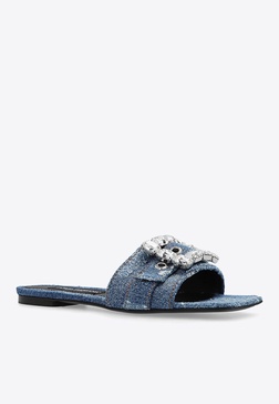 Patchwork Denim Flat Sandals with Rhinestone Embellishments