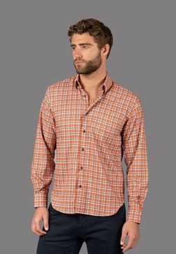 orange, navy, and white plaid shirt