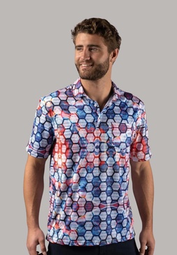 blue and red honeycomb polo shirt