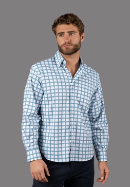 dark teal and white plaid shirt
