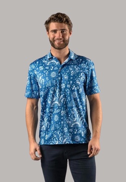 blue with white music print polo shirt