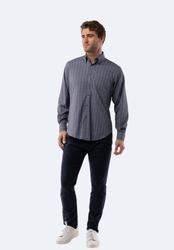 grey with blue and white plaid shirt
