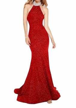 high neck formal gown in red