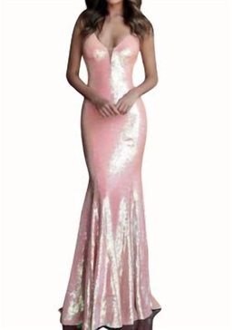 v neck sequinned gown in coral