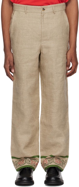 Beige Embroidered Trumpetflower Trousers