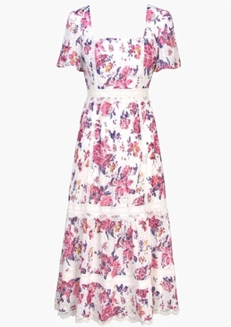 freija lace inset printed midi dress in pink