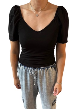 shirred short-sleeve top in black