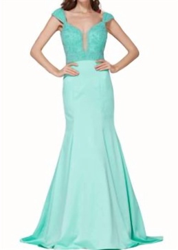satin beaded gown in aqua