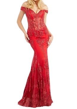 beaded off shoulder embellished mermaid gown in red