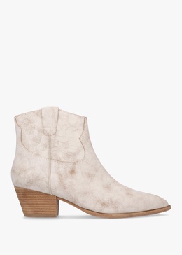 Fame Beige White Leather Western Ankle Boots