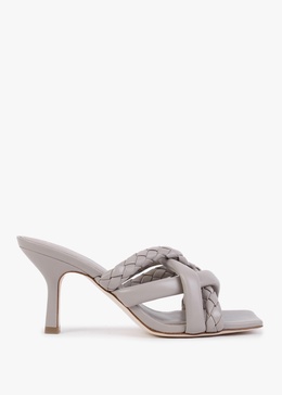 Mina Bis Pearl Grey Leather Woven Heeled Mules