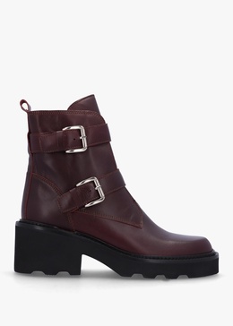 Arose Burgundy Leather Double Buckle Ankle Boots