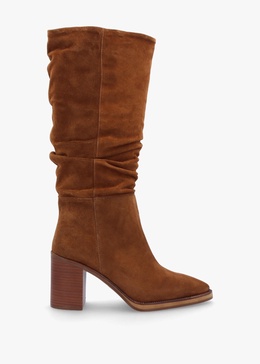 Astrid Tan Suede Rouched Block Heel Knee Boots