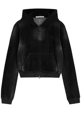 Faded crystal-embellished hooded velour sweatshirt