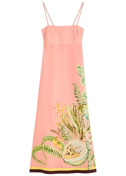 Papaya floral-print flax midi dress