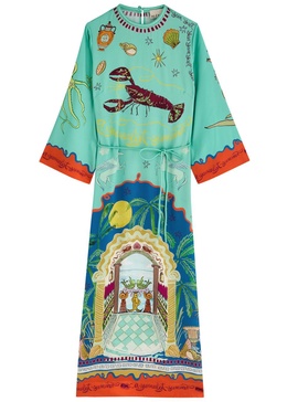 Surrealist printed silk-satin maxi dress