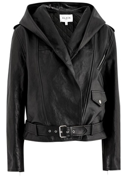 Hooded leather biker jacket