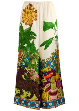 Tiger printed wide-leg silk trousers