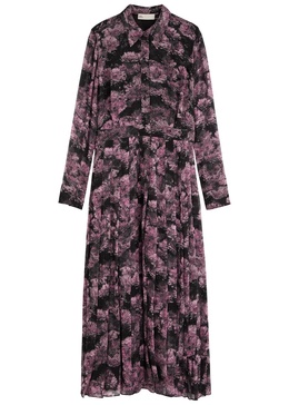Printed pleated silk shirt dress