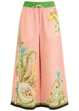Papaya floral-print flax trousers