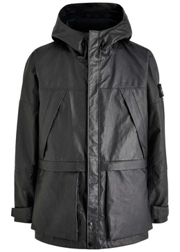 Logo panelled hooded leather jacket