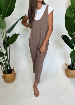 low neck overall with pockets in hazelnut