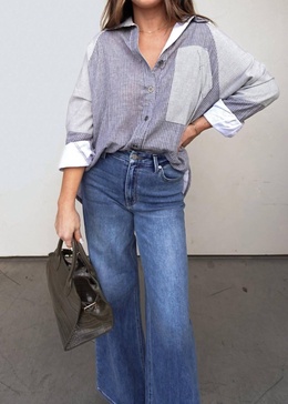 contrast stripe button down tunic in gray
