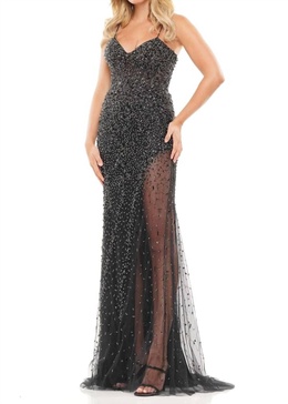 embellished sheer overlay evening gown in black