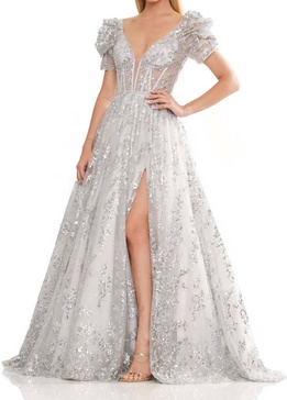plunging neckline a-line gown in silver