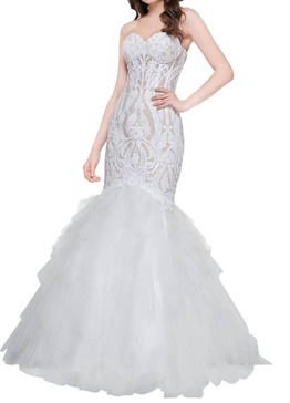 sequin strapless mermaid dress in 0ff white