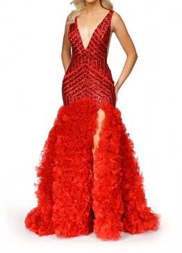 beaded fit and flare gown in red