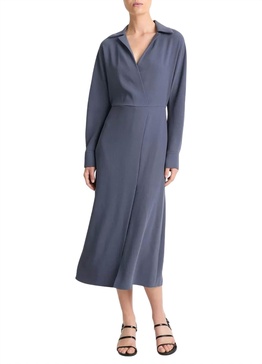 shaped collar dolman-sleeve midi dress in dk water