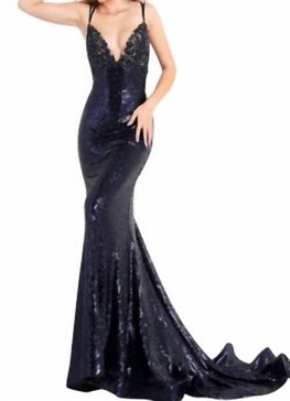 sequin fitted gown in navy