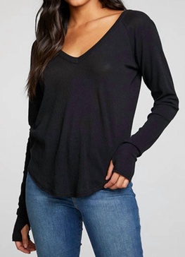 heritage waffle long sleeve double v neck shirttail tee in true black