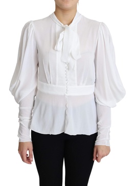 Sophisticated White Blouse with Ascot Collar and Lantern Sleeves