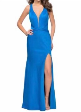 sleeveless maxi plunging neckline in ocean blue