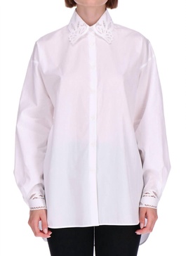 cotton poplin lace button down in white