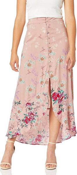 button ruffle maxi skirt in pink