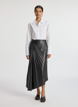 Tracy Pleated Side-Ruched Faux Leather Maxi Skirt
