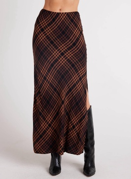 side slit bias maxi skirt in autumn ember plaid