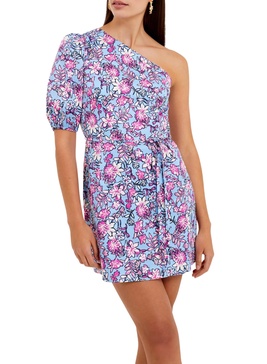 fontini one shoulder puff sleeve mini dress in blue placid