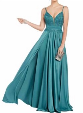 satin embroidered gown in green