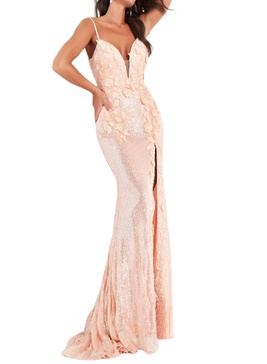 floral appliques backless dress in rose gold