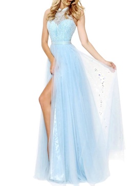 beaded bodice prom dress in light blue
