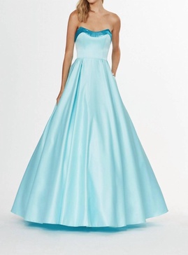 strapless satin ballgown in bahama breeze